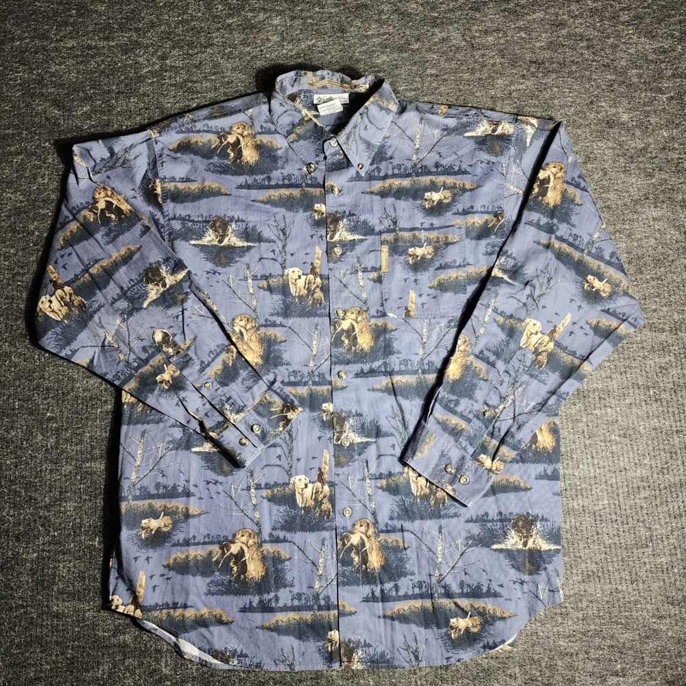 Columbia River Lodge Mens Large Blue Corduroy Hunting Dog Print Shirt